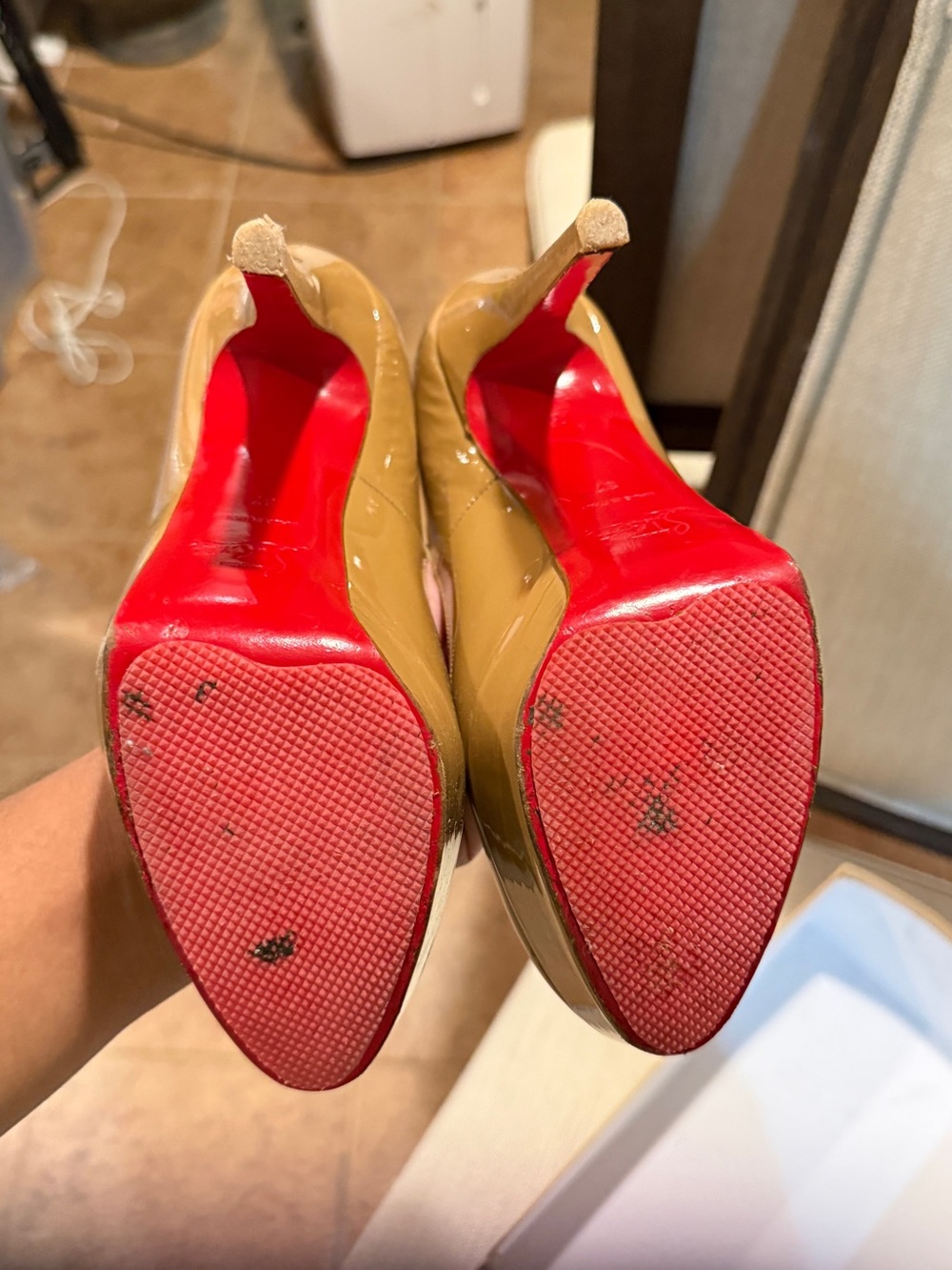 Patent Leather Pointed Toe Pumps in Camel with Red Soles